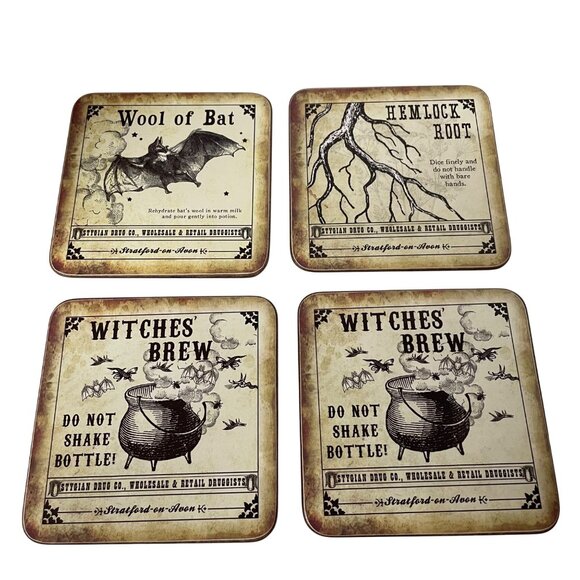 Vintage Halloween Potion Coaster Set With Wool Of Bat Hemlock Root  Witches Brew - Picture 1 of 8